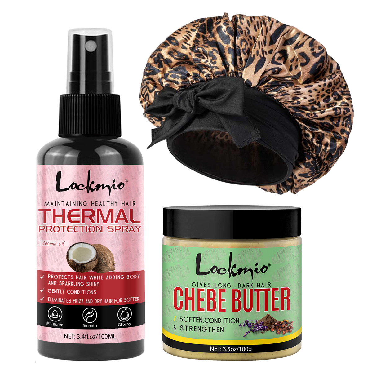 Hair Care Heat Protectant - Hitzeschutzspray Chebe-Butter Leopardenmuster Satin-Haube Natürliche Inhaltsstoffe